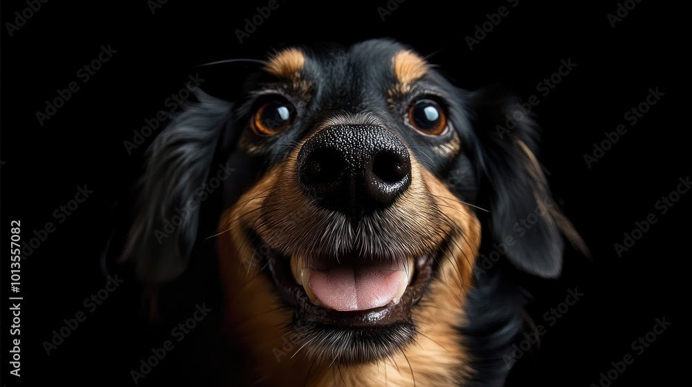 A close-up portrait of a cheerful dog against a black background, showcasing bright, expressive eyes and a playful, eager smile with an apparent happy demeanor. A close-up portrait of a cheerful dog against a black background, showcasing bright, expressive eyes and a playful, eager smile with an apparent happy demeanor.