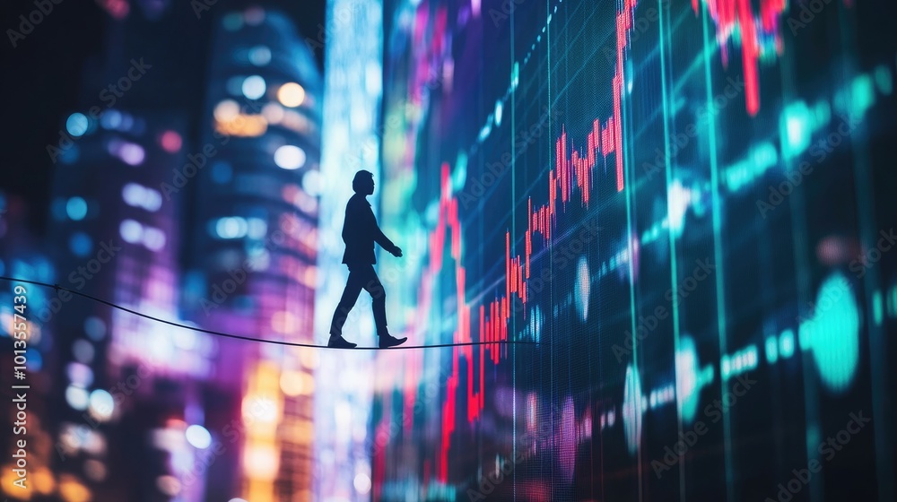 Investing in a Risky World: A high-quality image showing a person walking a tightrope over a graph of stock market fluctuations, symbolizing the precarious nature of high-risk investments. Investing in a Risky World: A high-quality image showing a person walking a tightrope over a graph of stock market fluctuations, symbolizing the precarious nature of high-risk investments.