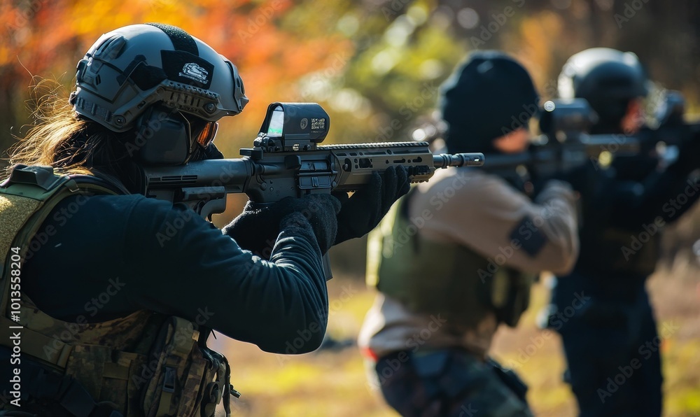 A soldier in full gear aims a rifle. A soldier in full gear aims a rifle.