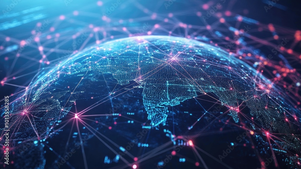 A digital globe surrounded by connected lines and data points, symbolizing global network connectivity and cyber communication. A digital globe surrounded by connected lines and data points, symbolizing global network connectivity and cyber communication.