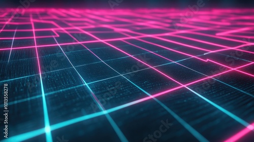 A digital grid with neon lines crisscrossing, illustrating the connection of technology systems and modern networks.