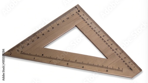 A wooden triangle ruler with markings in centimeters and inches, isolated on a white background. photo