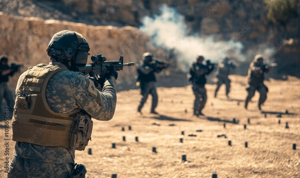 Soldier aims rifle at targets during military training.