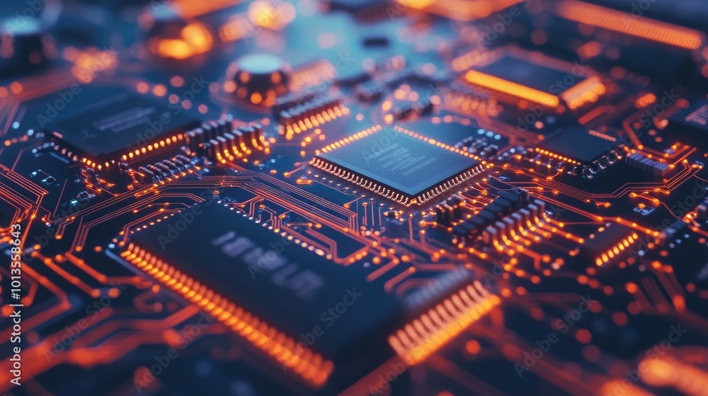 A high-resolution close-up of a circuit board with microchips and intricate wiring, showcasing the complexity of modern electronics. A high-resolution close-up of a circuit board with microchips and intricate wiring, showcasing the complexity of modern electronics.