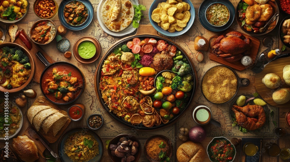 A high-resolution image featuring a diverse spread of global cuisines, symbolizing unity and the importance of food security for World Food Day. A high-resolution image featuring a diverse spread of global cuisines, symbolizing unity and the importance of food security for World Food Day.
