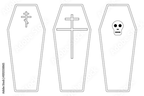 A set of three Halloween-themed coffins for coloring, featuring crosses and a skull. Perfect for kids spooky activities and Halloween fun.