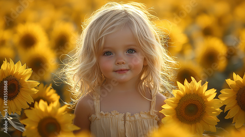 Child Running Joyfully Through Sunflower Field on a Bright, Sunny Day. Non-existent person.