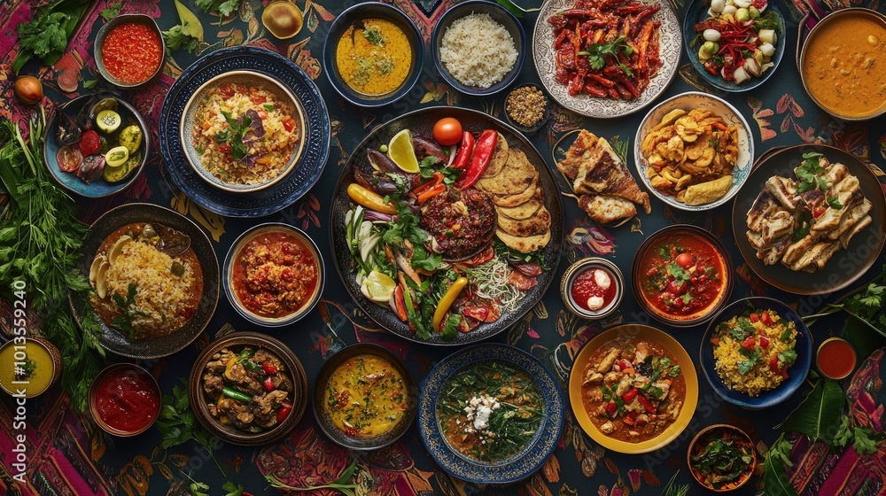 A vibrant, high-resolution image of different global cuisines laid out on a large table, representing cultural diversity and food accessibility on World Food Day. A vibrant, high-resolution image of different global cuisines laid out on a large table, representing cultural diversity and food accessibility on World Food Day.
