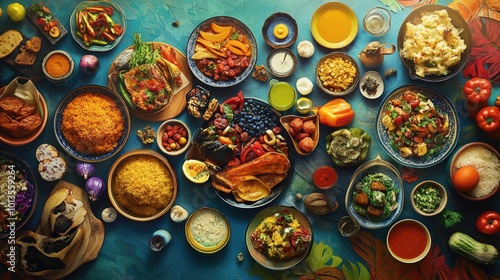 A vibrant, high-resolution image of different global cuisines laid out on a large table, representing cultural diversity and food accessibility on World Food Day.