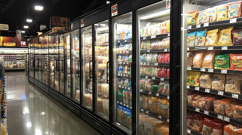 Fototapeta premium A brightly lit aisle of a grocery store featuring multiple refrigerated display cases filled with various snacks and packaged foods.
