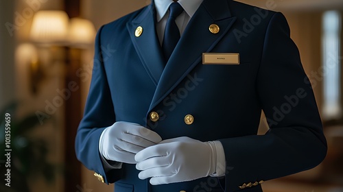 A well-dressed hotel staff member in a formal uniform, showcasing professionalism and attention to detail.