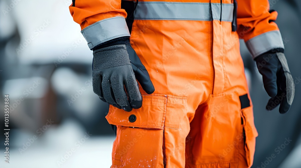 The image shows a close-up of a person wearing an orange work suit with reflective stripes, suitable for cold and hazardous environments. The image shows a close-up of a person wearing an orange work suit with reflective stripes, suitable for cold and hazardous environments.