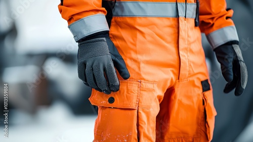 The image shows a close-up of a person wearing an orange work suit with reflective stripes, suitable for cold and hazardous environments.