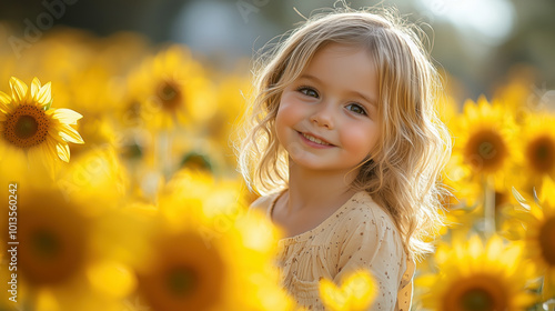 Child Running Joyfully Through Sunflower Field on a Bright, Sunny Day. Non-existent person.