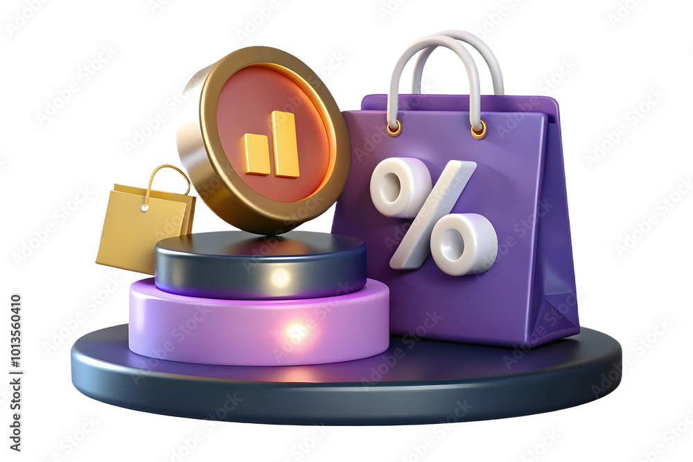 Glowing Discount Label and Floating Shopping Bag on Clean Podium with Copy Space for Cyber Monday Retail Promotions - Ideal for Banner Marketing Glowing Discount Label and Floating Shopping Bag on Clean Podium with Copy Space for Cyber Monday Retail Promotions - Ideal for Banner Marketing
