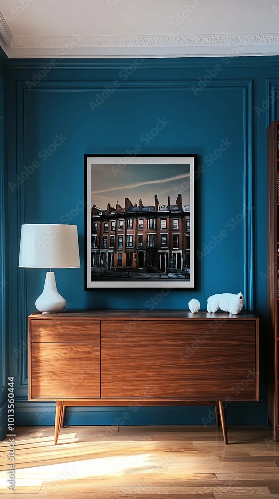Fototapeta premium Interior Design with a Vintage Touch Modern Mid-Century Cabinet with Framed Cityscape Print