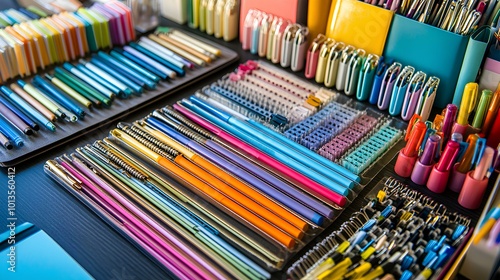 A vibrant collection of stationery items, including colorful pens, notebooks, and organizational tools, neatly arranged on a table.