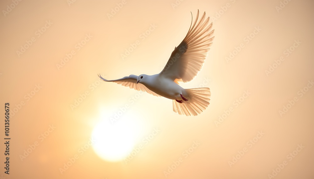 Fototapeta premium A white dove in mid-flight, wings spread wide against a stunning sunburst background.