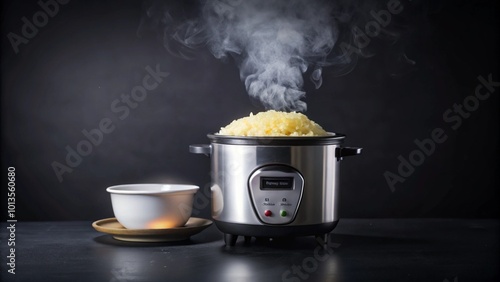 A steaming rice cooker with a white bowl on a dark background.