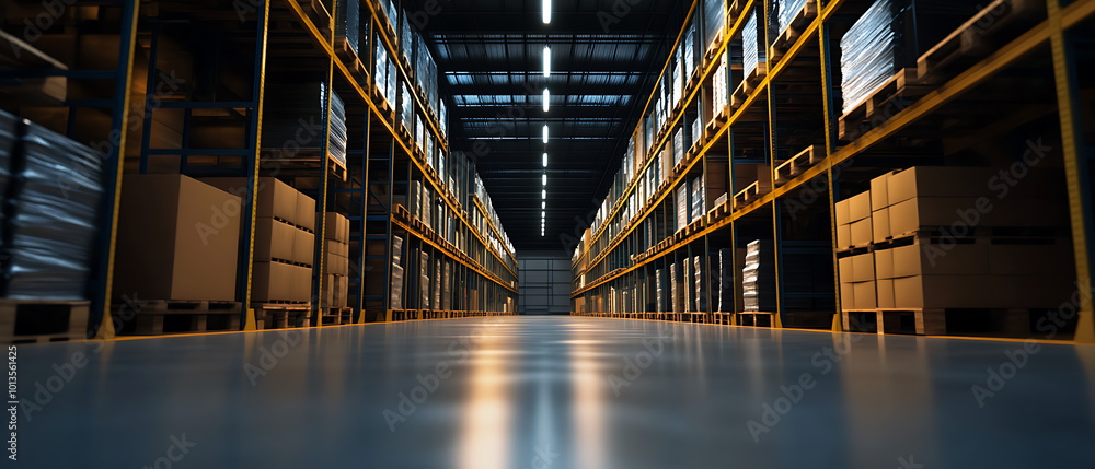 Spacious warehouse interior with rows of shelves and stacked boxes. Spacious warehouse interior with rows of shelves and stacked boxes.