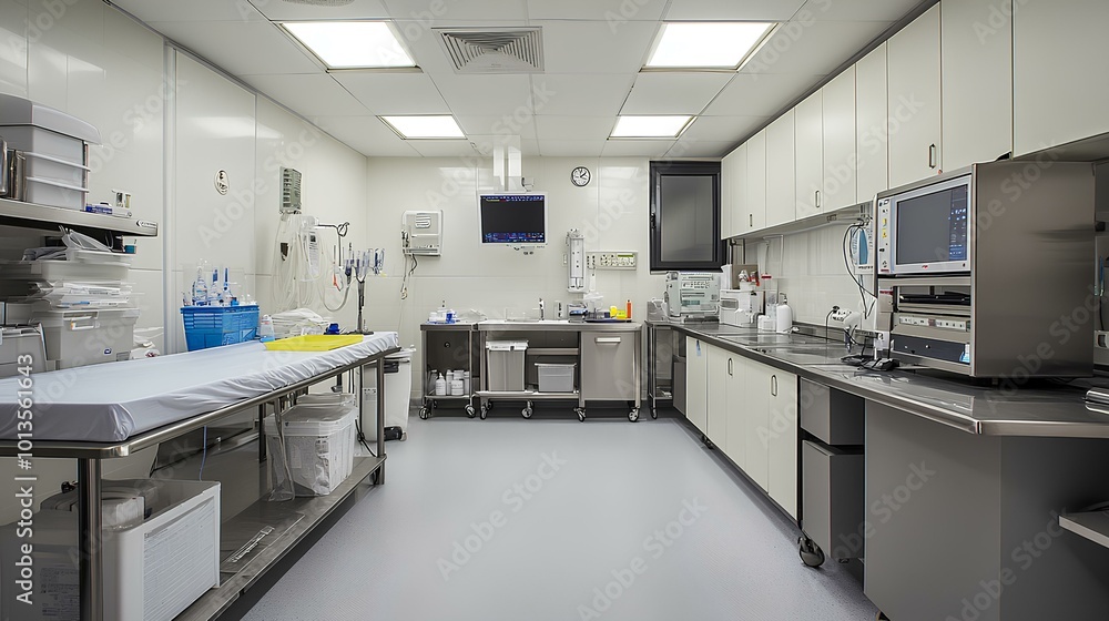A clean, modern medical room equipped with various tools and machines, designed for surgical or clinical procedures. A clean, modern medical room equipped with various tools and machines, designed for surgical or clinical procedures.