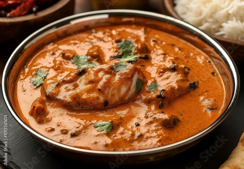 Close-up of a creamy, orange curry with pieces of chicken.