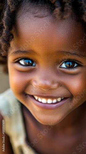 A joyful child with curly hair and bright blue eyes smiling warmly at the camera.