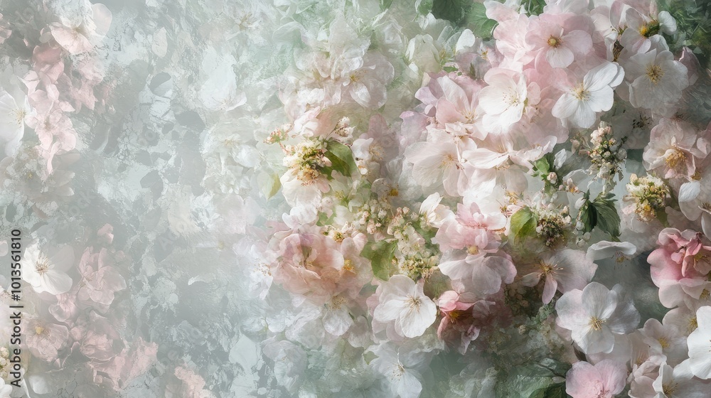 A stunning floral background with delicate flowers in shades of pink, white, and green, creating a fresh and beautiful visual effect A stunning floral background with delicate flowers in shades of pink, white, and green, creating a fresh and beautiful visual effect