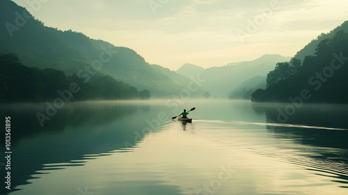 A serene lakeside scene with a lone kayaker paddling through calm water, surrounded by misty mountains under a soft, hazy sky.