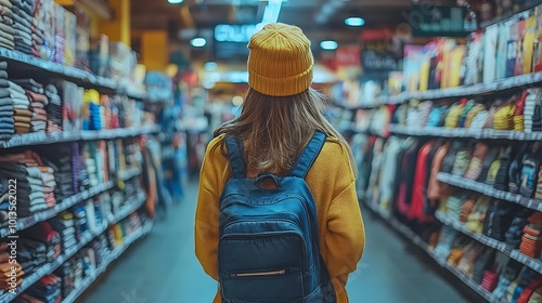 A Young Shopper in a Cozy Yellow Sweater Enjoys a Retail Adventure in a Colorful Store Aisle photo