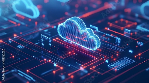 A vibrant digital representation of a cloud, symbolizing cloud computing with intricate circuit patterns and glowing elements.