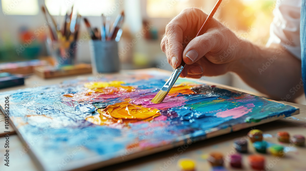 Creating vibrant painting requires skill and creativity. This image captures close up of hand holding brush, applying colorful paint to canvas, showcasing artistic process Creating vibrant painting requires skill and creativity. This image captures close up of hand holding brush, applying colorful paint to canvas, showcasing artistic process