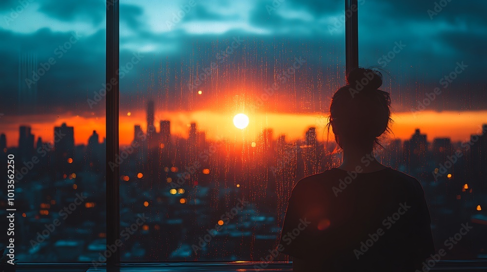 A solitary figure gazes at a breathtaking sunset through a rain-streaked window, lost in thought. A solitary figure gazes at a breathtaking sunset through a rain-streaked window, lost in thought.