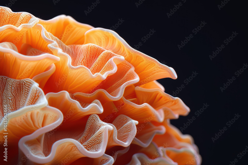Coral Reef Close-up: A vibrant orange coral polyp with delicate, ruffled edges, bathed in soft light against a deep black background. Coral Reef Close-up: A vibrant orange coral polyp with delicate, ruffled edges, bathed in soft light against a deep black background.