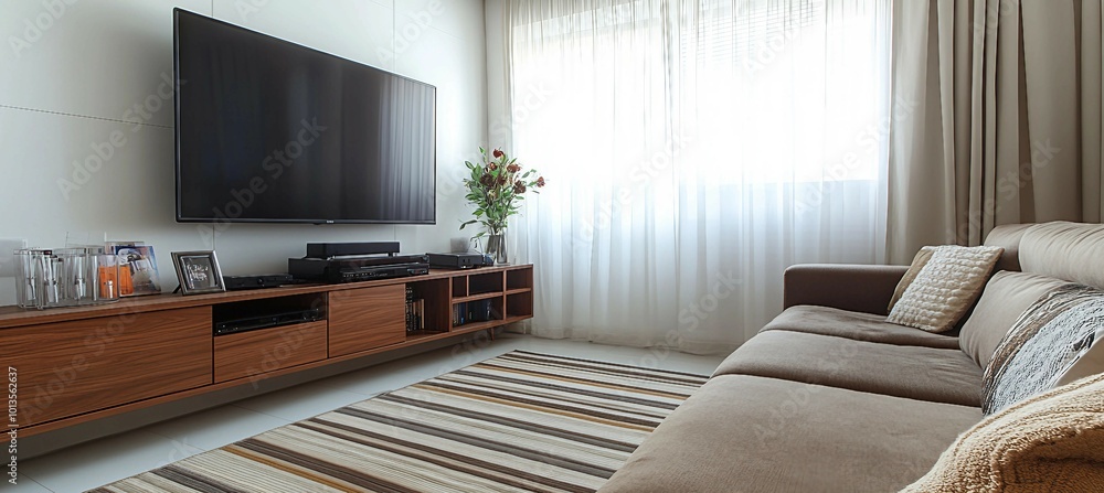 Naklejka premium Modern Living Room Interior Design with Large TV, Sofa and Decorative Rug