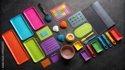 Colorful silicone kitchen utensils and trays on black background.