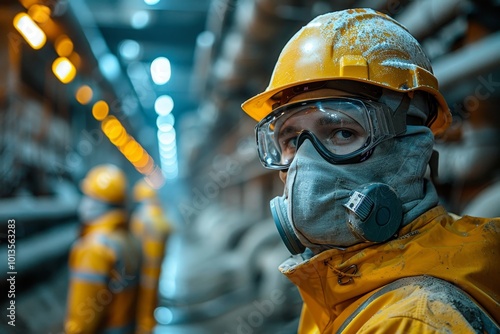 Cement factory workers safely handling cement sacks with essential personal protective gear photo