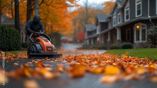 A Person Using a Leaf Blower to Clear Autumn Leaves in a Cozy Residential Neighborhood