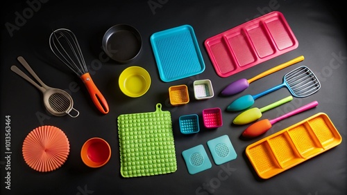 Colorful silicone kitchenware, including a whisk, spatula, pan, bowls, and trays, on a black background. photo