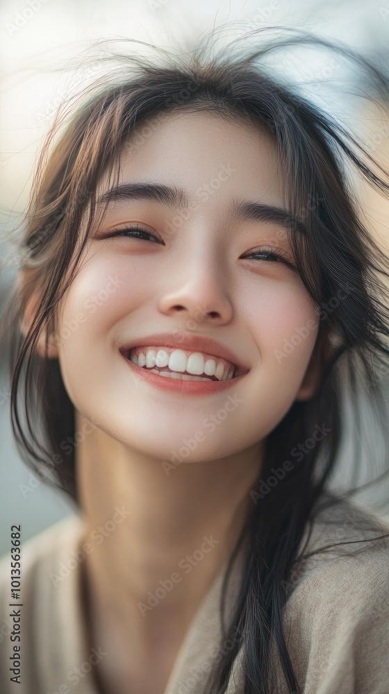 A young woman smiling warmly, capturing a joyful moment outdoors. A young woman smiling warmly, capturing a joyful moment outdoors.