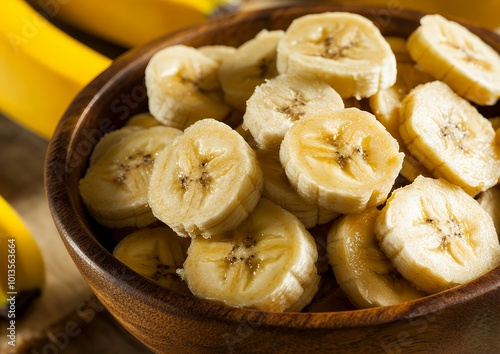 Close-up of sliced bananas in a wooden bowl.