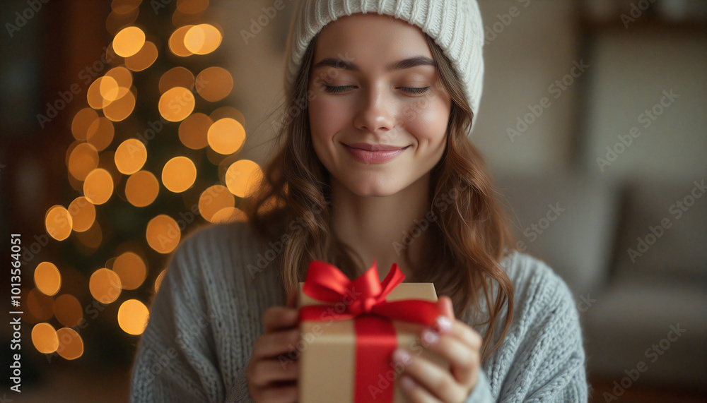a woman holding a present in front of a christmas tree a woman holding a present in front of a christmas tree