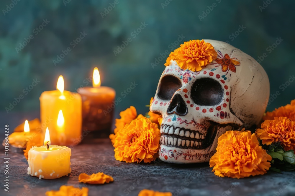 A sugar skull with marigold flowers and candles. A sugar skull with marigold flowers and candles.