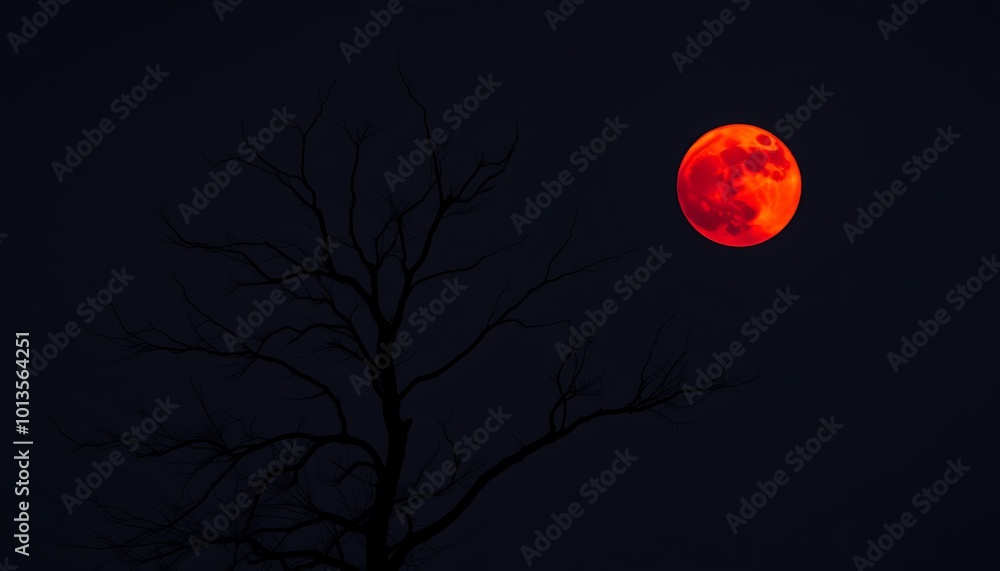 Fototapeta premium A lone, bare tree silhouetted against the blood-red moon during the peak of the lunar eclipse.