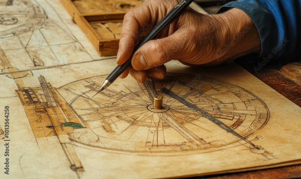 A hand drawing a design on parchment paper. A hand drawing a design on parchment paper.