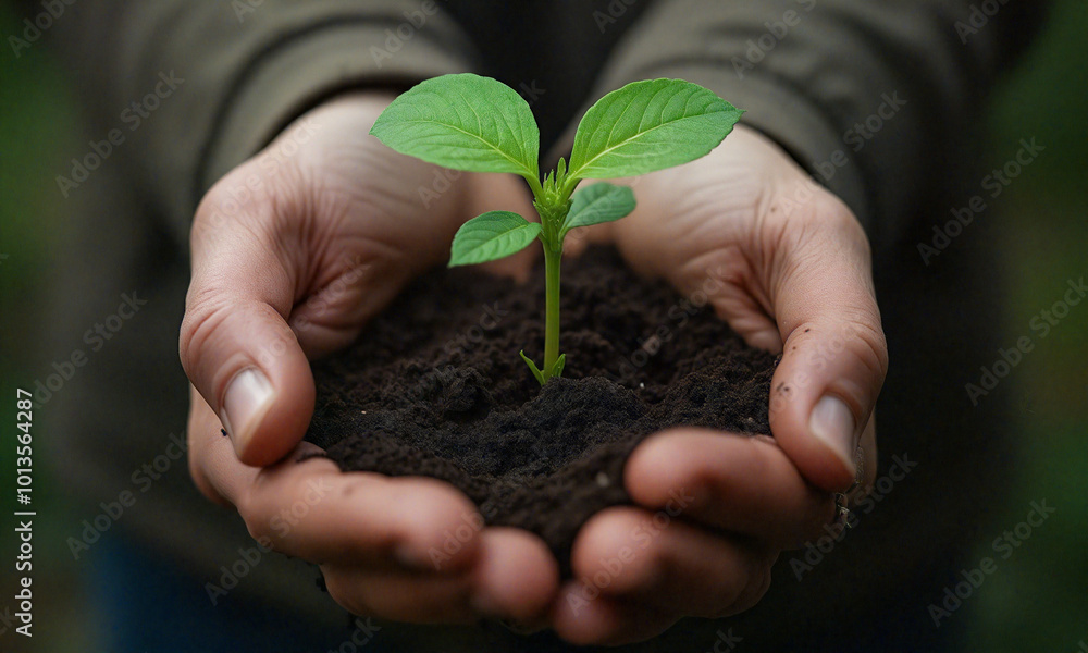 A person holding a young plant in their hands. A person holding a young plant in their hands.