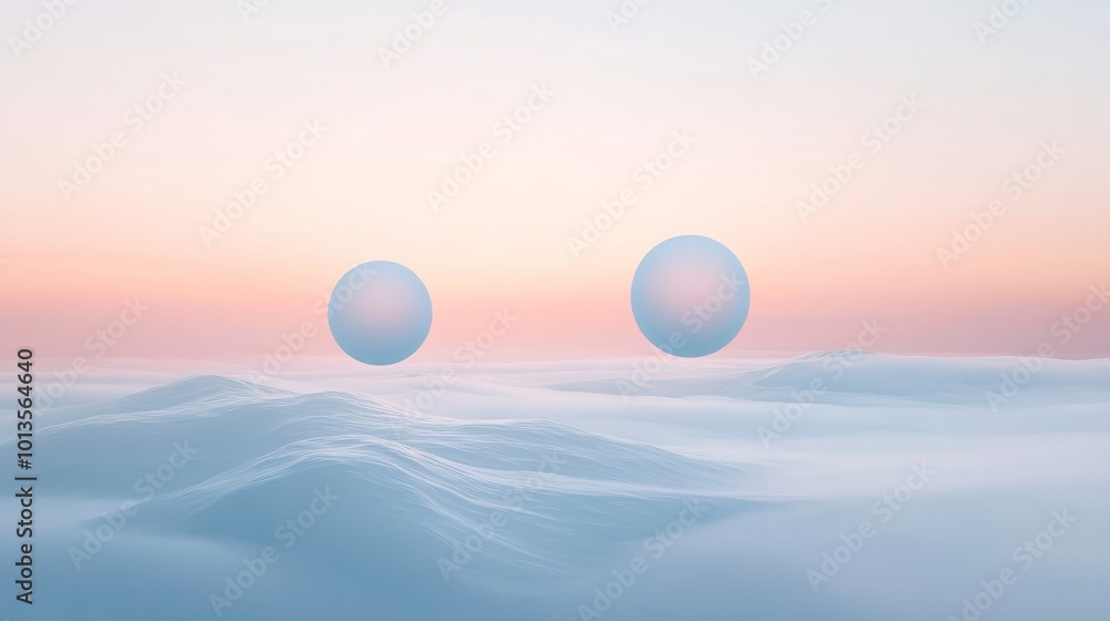 surreal landscape with floating spheres at sunrise, serene concept surreal landscape with floating spheres at sunrise, serene concept