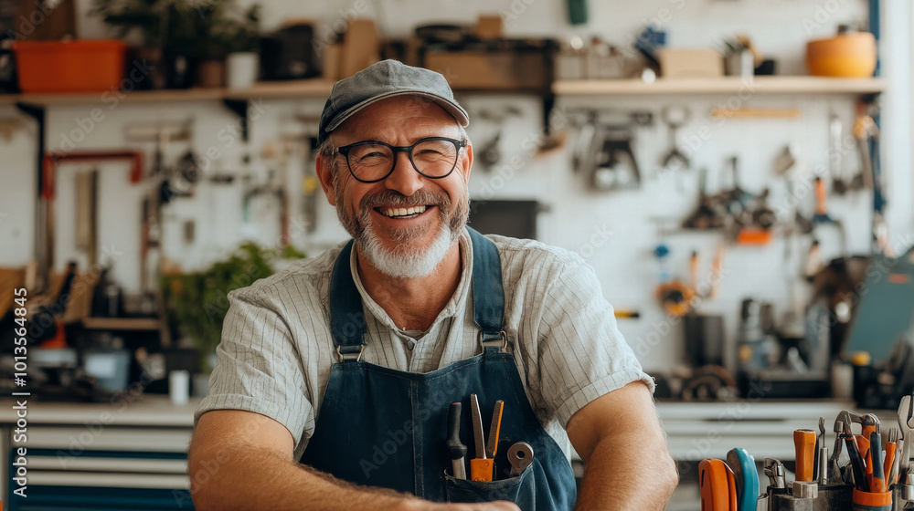 A smiling craftsman in workshop, surrounded by tools and materials, exudes warmth and expertise. His joyful expression reflects passion for his craft and welcoming atmosphere A smiling craftsman in workshop, surrounded by tools and materials, exudes warmth and expertise. His joyful expression reflects passion for his craft and welcoming atmosphere