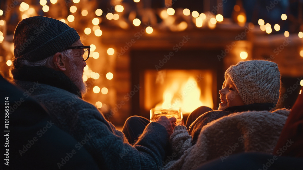 Cozy evening by fireplace with grandfather and grandchild enjoying warm drinks. warm glow of lights creates festive atmosphere, perfect for family bonding Cozy evening by fireplace with grandfather and grandchild enjoying warm drinks. warm glow of lights creates festive atmosphere, perfect for family bonding