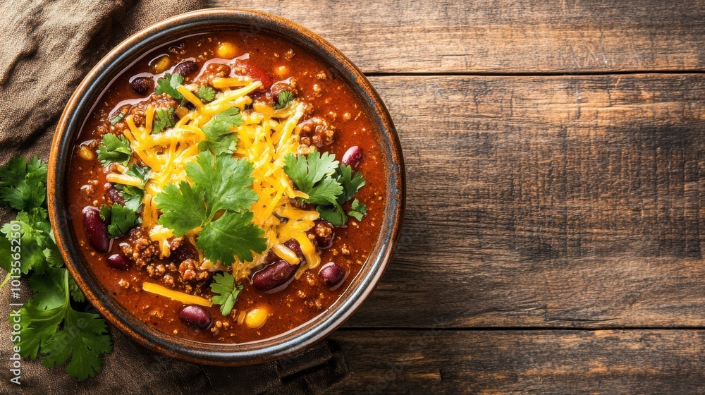 Hearty Bowl of Chili Topped with Cheese and Fresh Cilantro on a Rustic Table Hearty Bowl of Chili Topped with Cheese and Fresh Cilantro on a Rustic Table